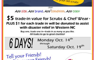 Fall Trade-in Sale at Greg's Uniforms Oct 14-19; $5 Trade-in Value toward new item plus $1 to WNC Disaster Relief for each trade-in item